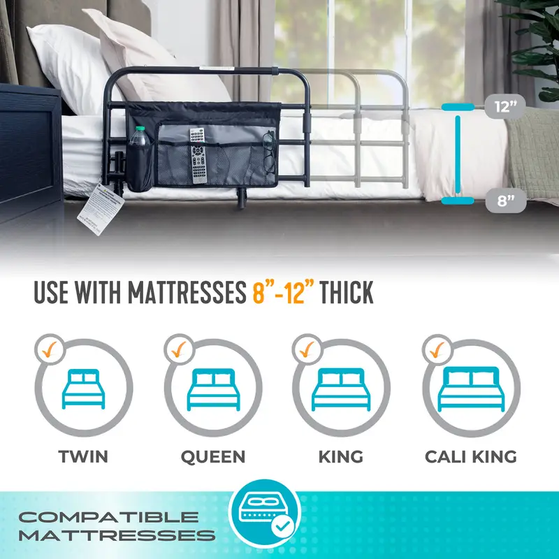 The seller's own mattress compatibility chart for the Wonder Pivot Bed Rail showing the 8 to 12 inch fit range