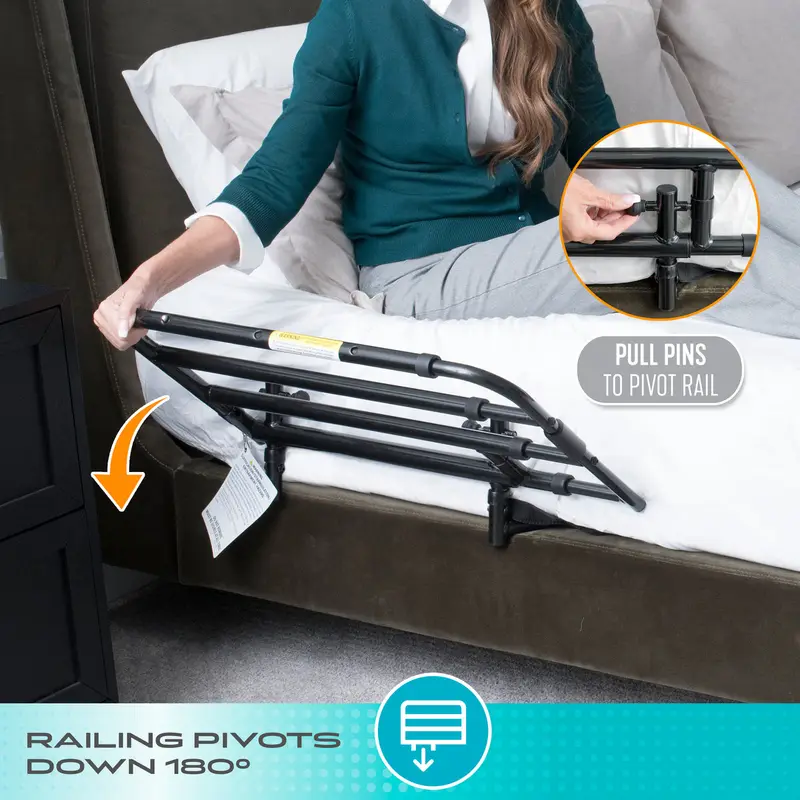 The Wonder Pivot Bed Rail shown pivoted down 180 degrees, flat against the side of the bed, out of the way